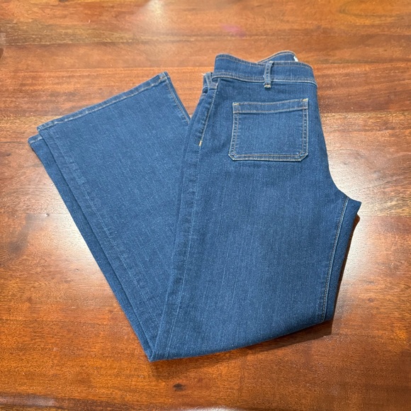 LOFT Blue Wide Leg Jeans Patch Pocket Slim Flare Dark Wash Retro - Picture 9 of 12